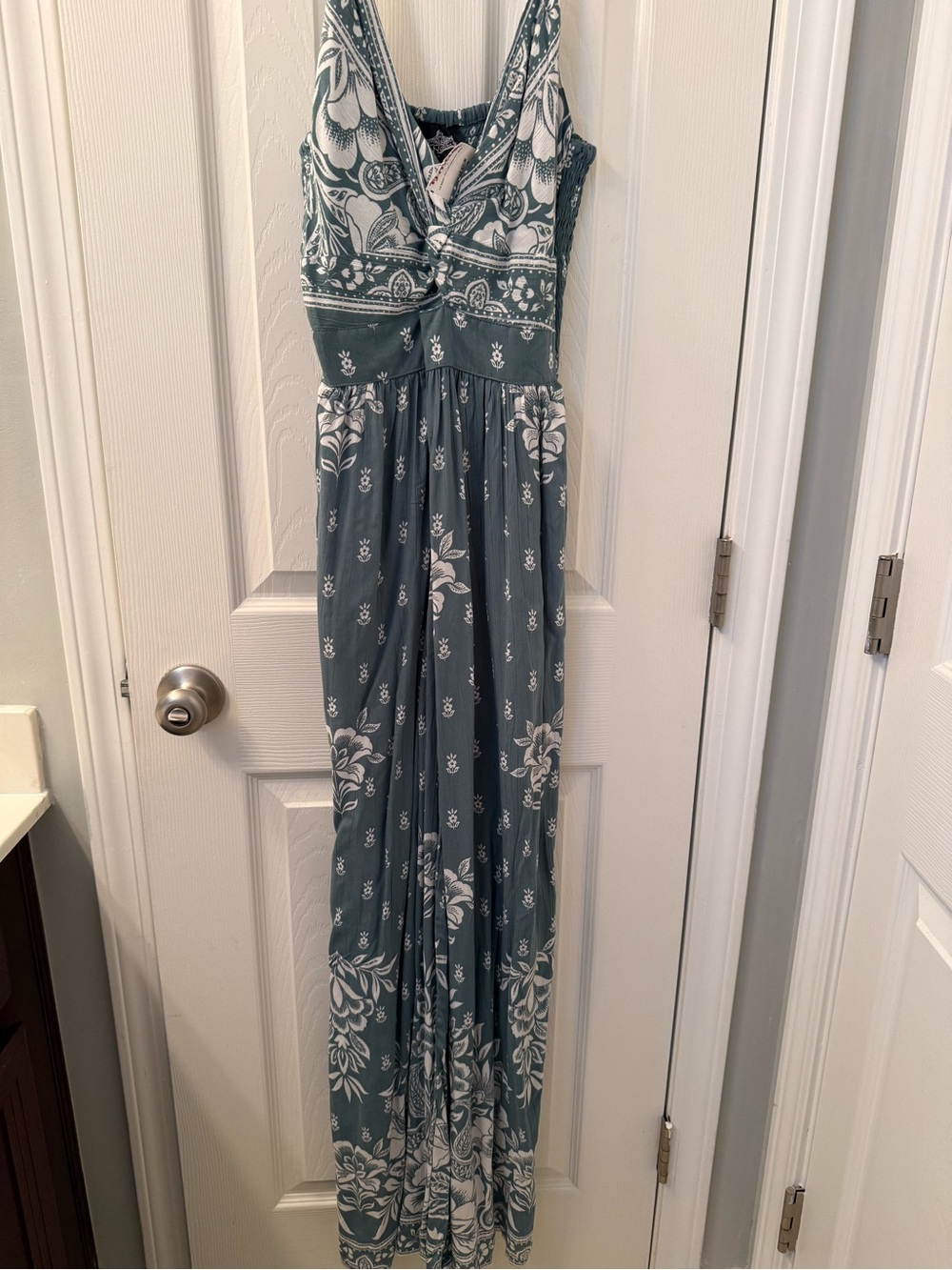 Angie Light Green Floral Smocked Jumpsuit with White Print